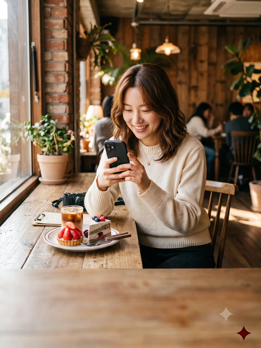 성수동 카페에서 디저트를 촬영하는 크리에이터. 동일한 콘텐츠에 한국어와 중국어 자막을 각각 적용한 비교 이미지